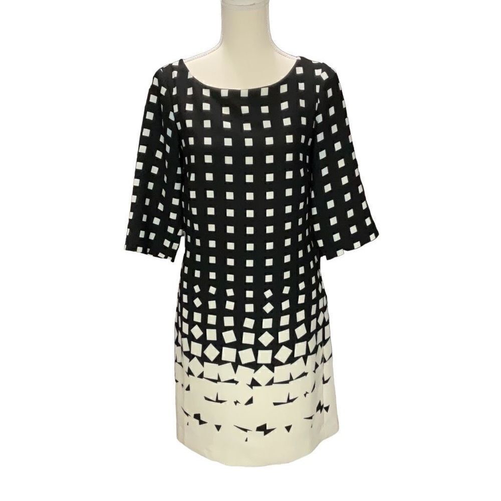 Banana Republic Black Cream Square Geometric Sheath Dress Full Zip Lined Size 2
